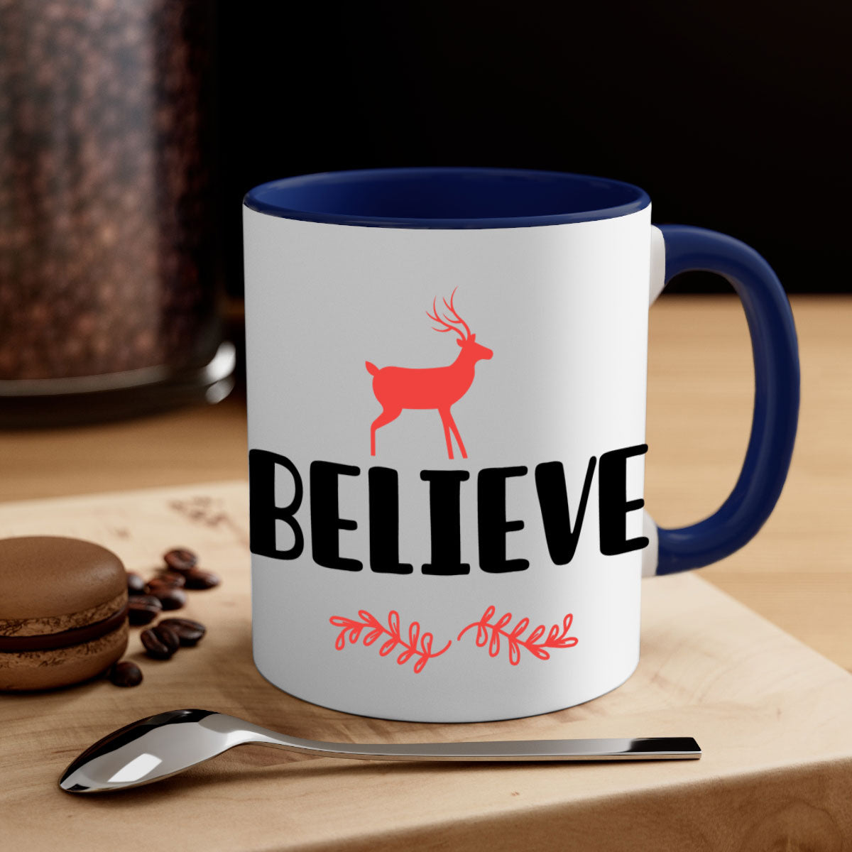 Believe 4 Style 72# Christmas Mug featuring a glossy finish, colored handle, and interior, available in multiple colors and sizes.
