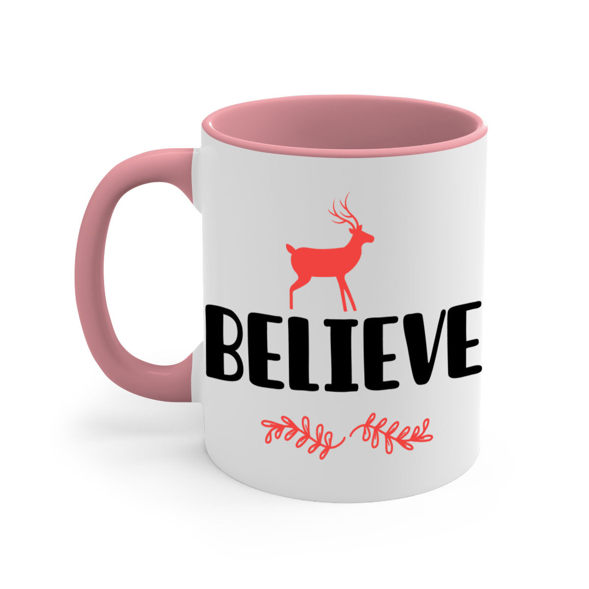 Believe 4 Style 72# Christmas Mug featuring a glossy finish, colored handle, and interior, available in multiple colors and sizes.