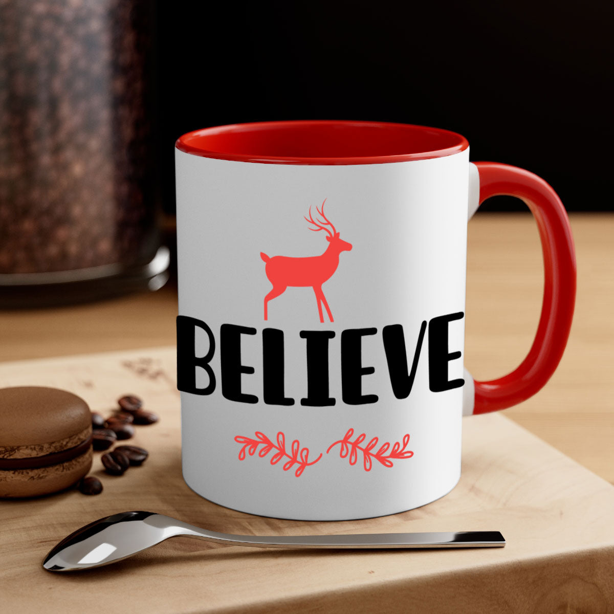 Believe 4 Style 72# Christmas Mug featuring a glossy finish, colored handle, and interior, available in multiple colors and sizes.