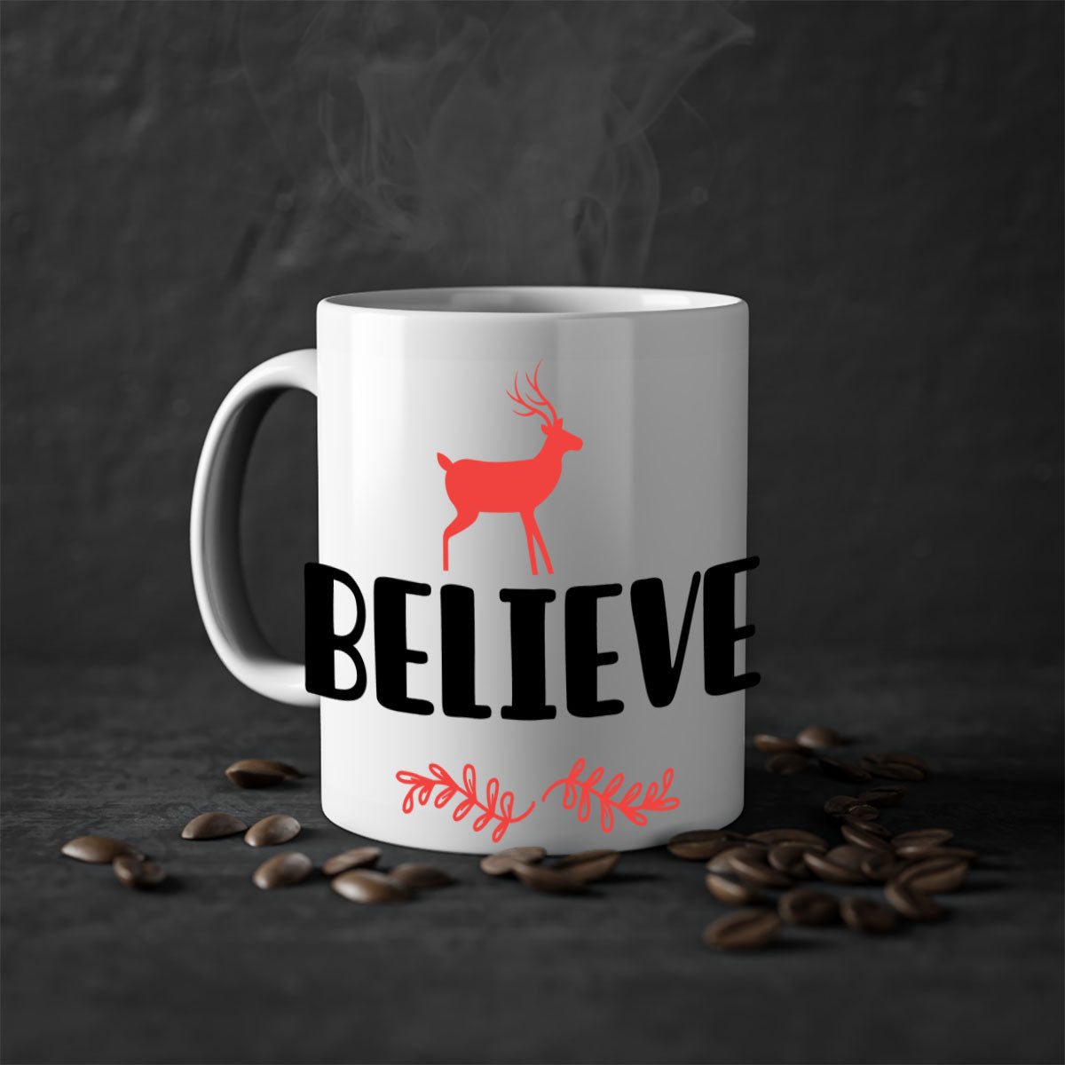 Believe 4 Style 72# Christmas Mug featuring a glossy finish, colored handle, and interior, available in multiple colors and sizes.