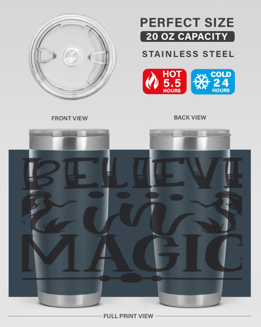 Believe in Magic 65# Mermaid Tumbler, a stylish 20oz double wall vacuum stainless steel tumbler with a vibrant mermaid design.