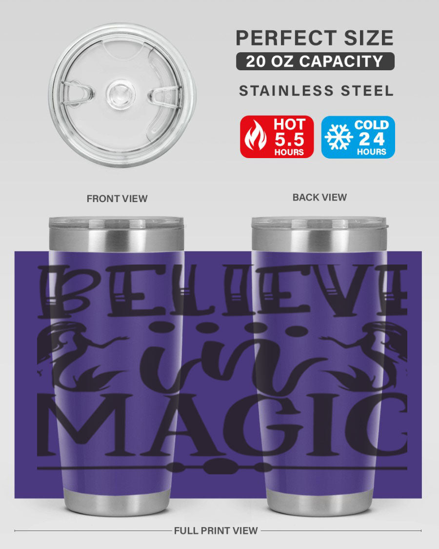 Believe in Magic 65# Mermaid Tumbler, a stylish 20oz double wall vacuum stainless steel tumbler with a vibrant mermaid design.