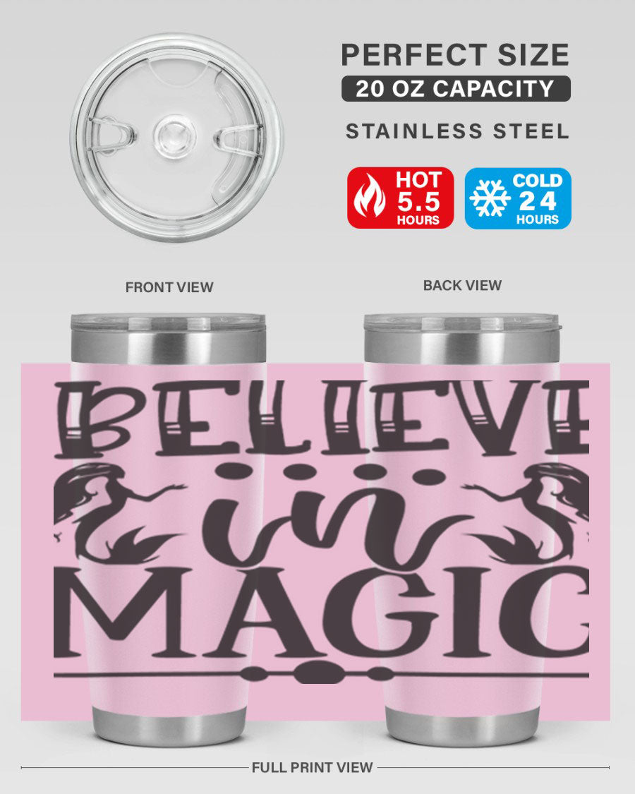 Believe in Magic 65# Mermaid Tumbler, a stylish 20oz double wall vacuum stainless steel tumbler with a vibrant mermaid design.
