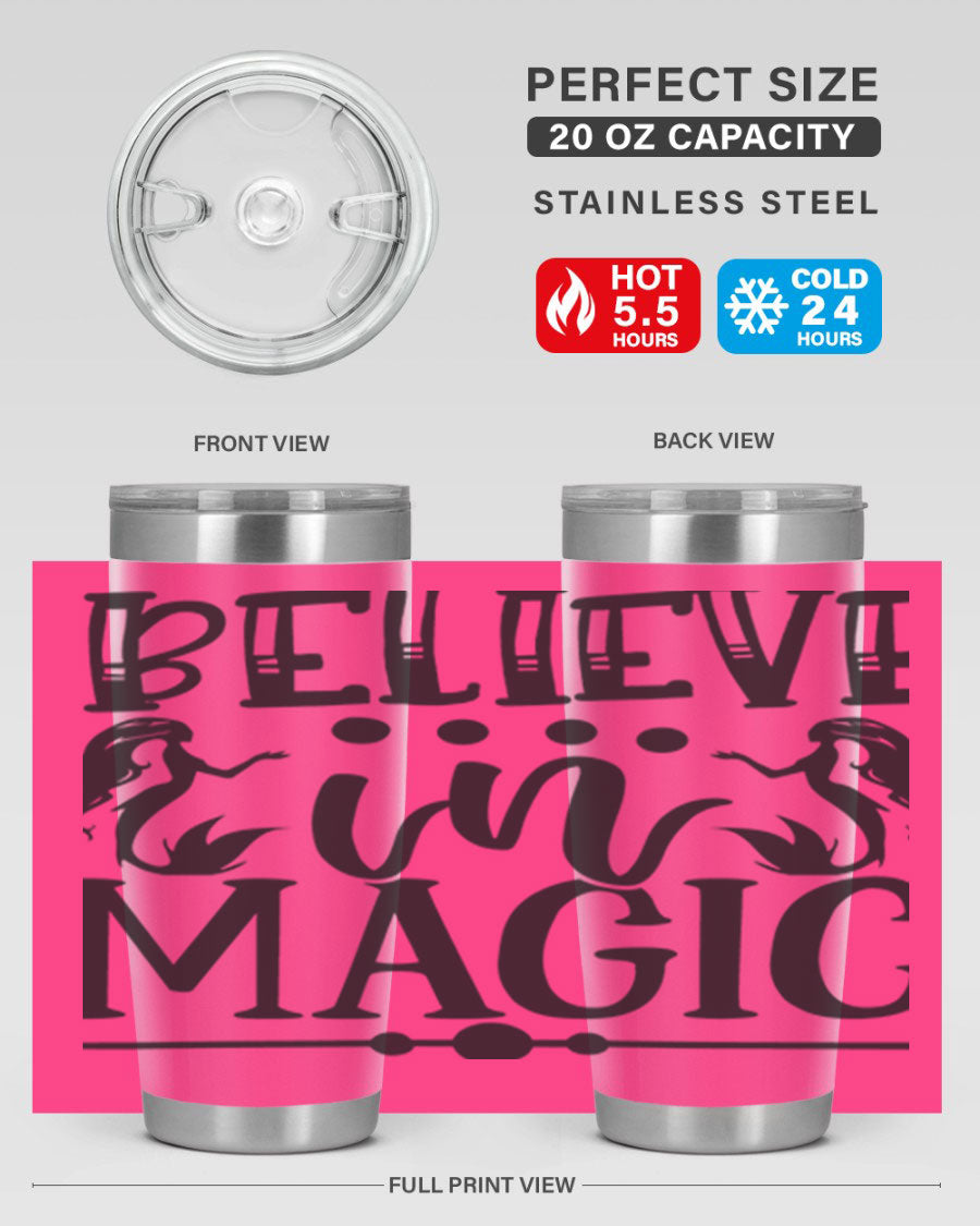 Believe in Magic 65# Mermaid Tumbler, a stylish 20oz double wall vacuum stainless steel tumbler with a vibrant mermaid design.