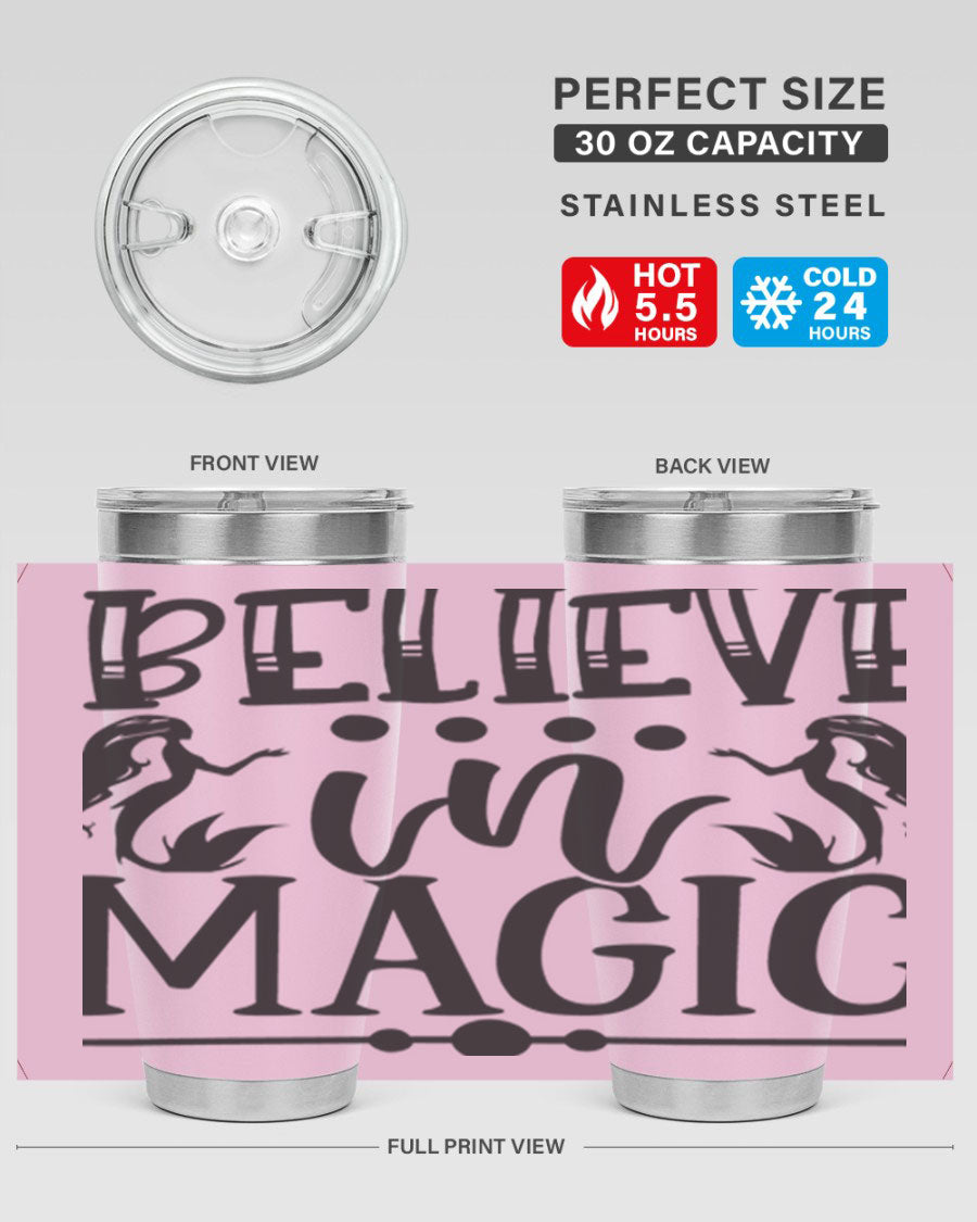 Believe in Magic 65# Mermaid Tumbler, a stylish 20oz double wall vacuum stainless steel tumbler with a vibrant mermaid design.
