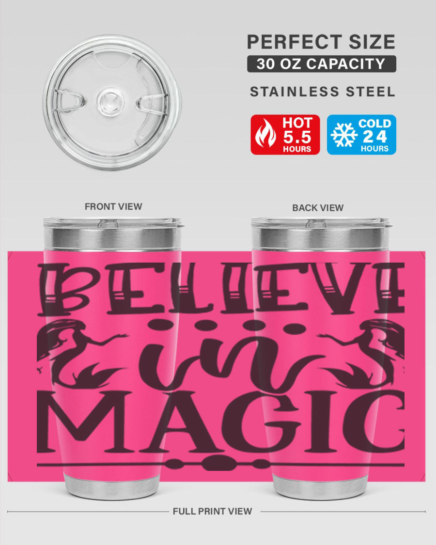 Believe in Magic 65# Mermaid Tumbler, a stylish 20oz double wall vacuum stainless steel tumbler with a vibrant mermaid design.