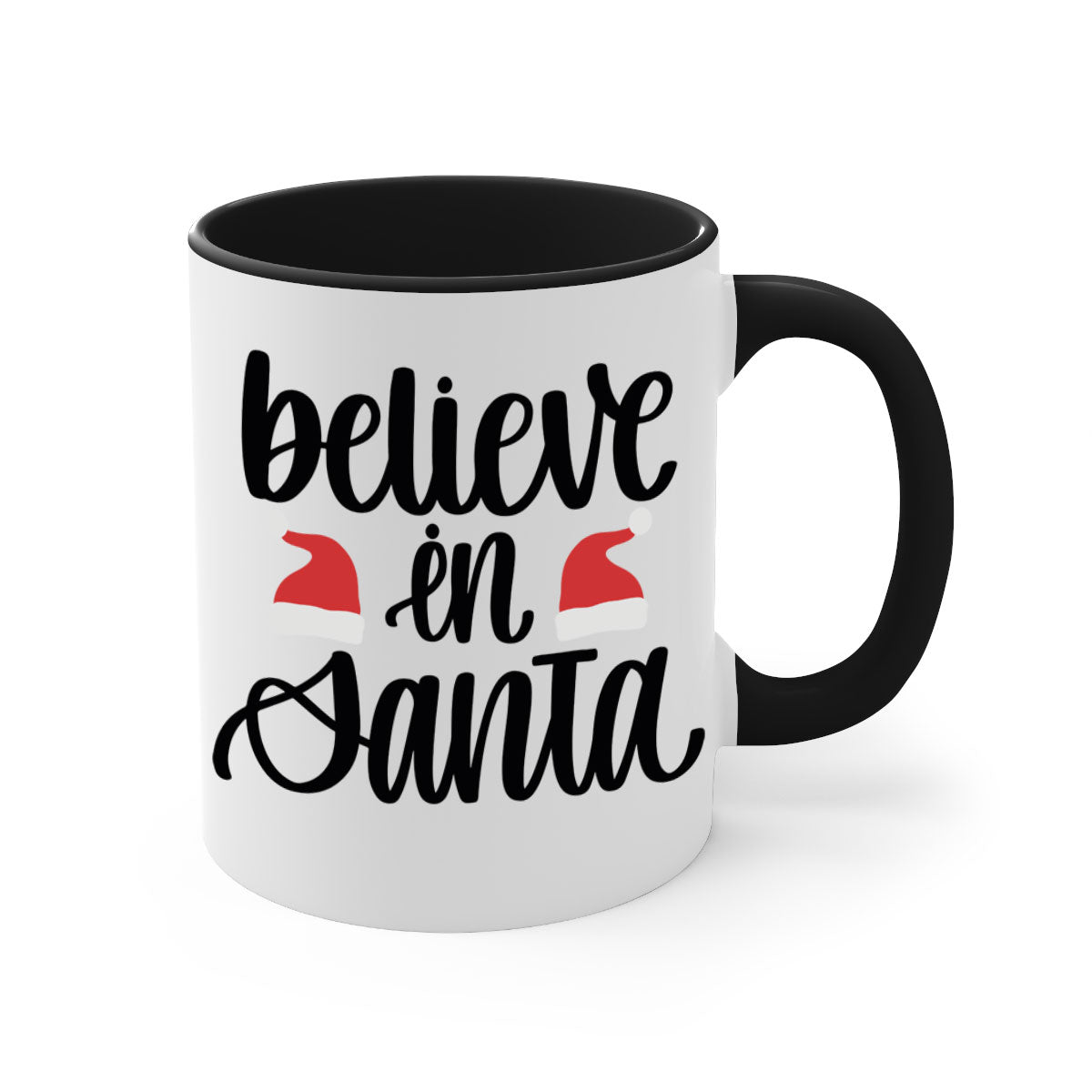 Believe in Santa 207# Christmas Mug with a glossy finish, featuring a colored handle and interior, available in multiple colors.