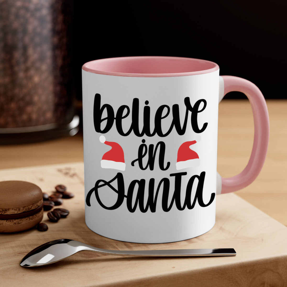 Believe in Santa 207# Christmas Mug with a glossy finish, featuring a colored handle and interior, available in multiple colors.