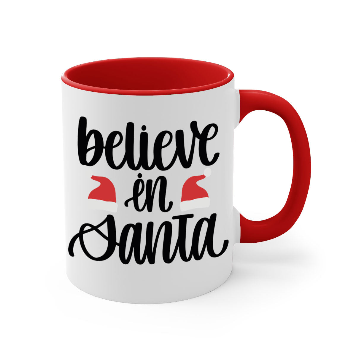 Believe in Santa 207# Christmas Mug with a glossy finish, featuring a colored handle and interior, available in multiple colors.