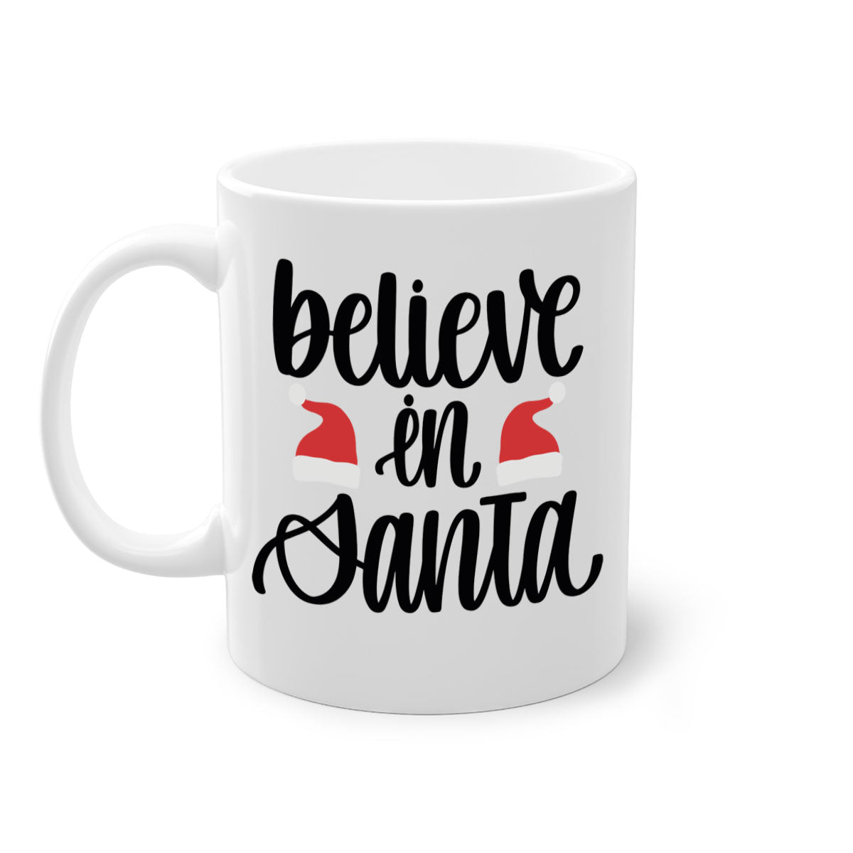Believe in Santa 207# Christmas Mug with a glossy finish, featuring a colored handle and interior, available in multiple colors.