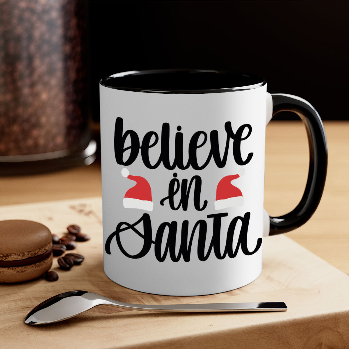 Believe in Santa 207# Christmas Mug with a glossy finish, featuring a colored handle and interior, available in multiple colors.