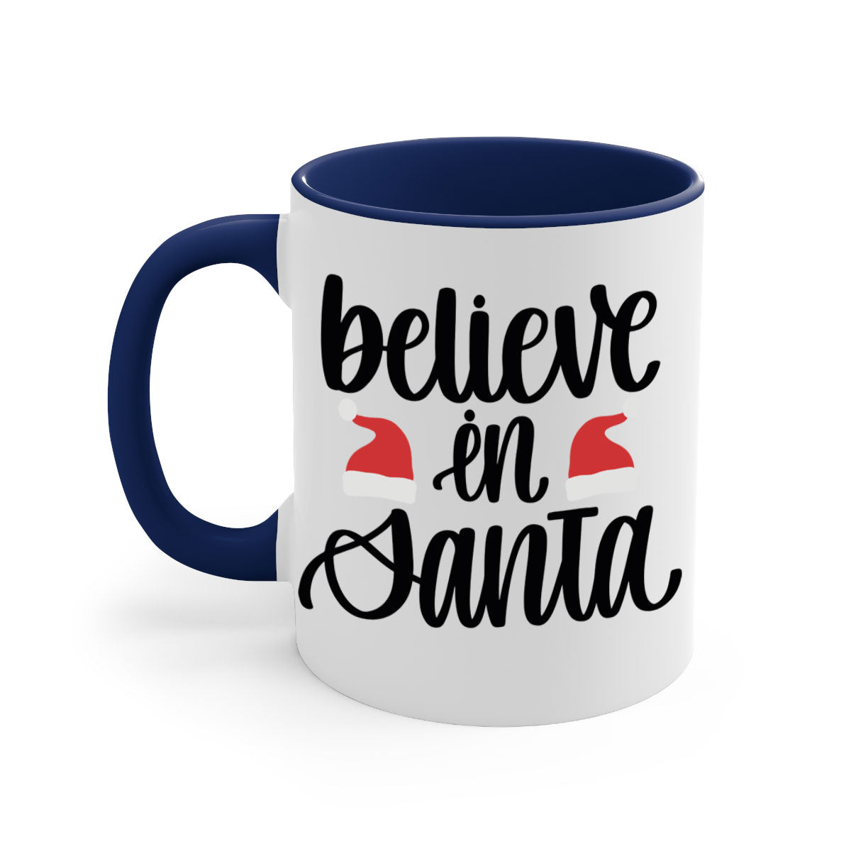 Believe in Santa 207# Christmas Mug with a glossy finish, featuring a colored handle and interior, available in multiple colors.