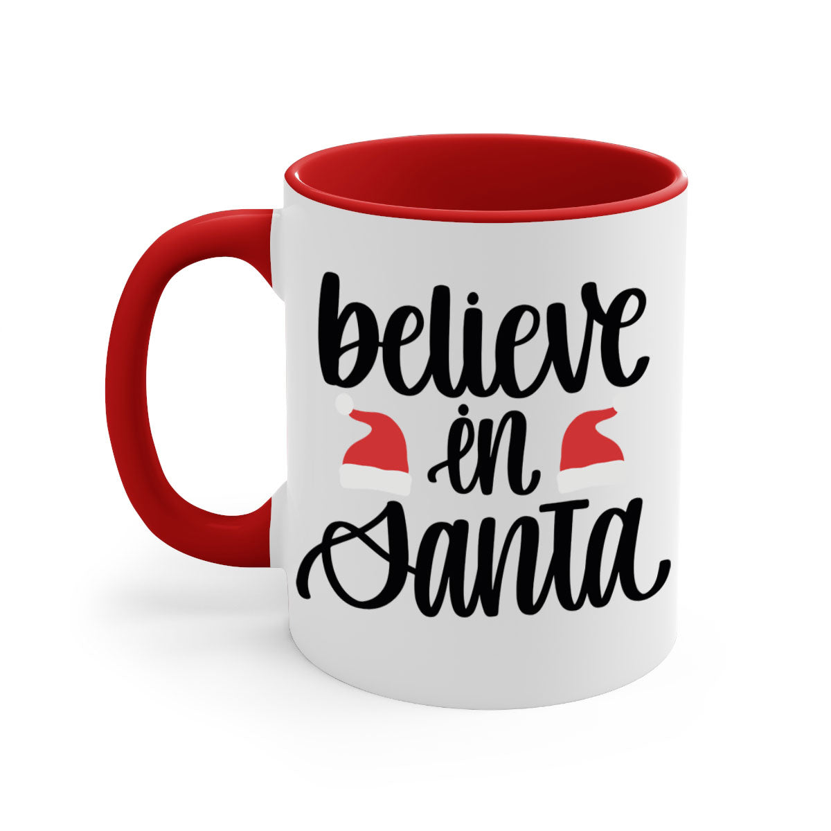Believe in Santa 207# Christmas Mug with a glossy finish, featuring a colored handle and interior, available in multiple colors.
