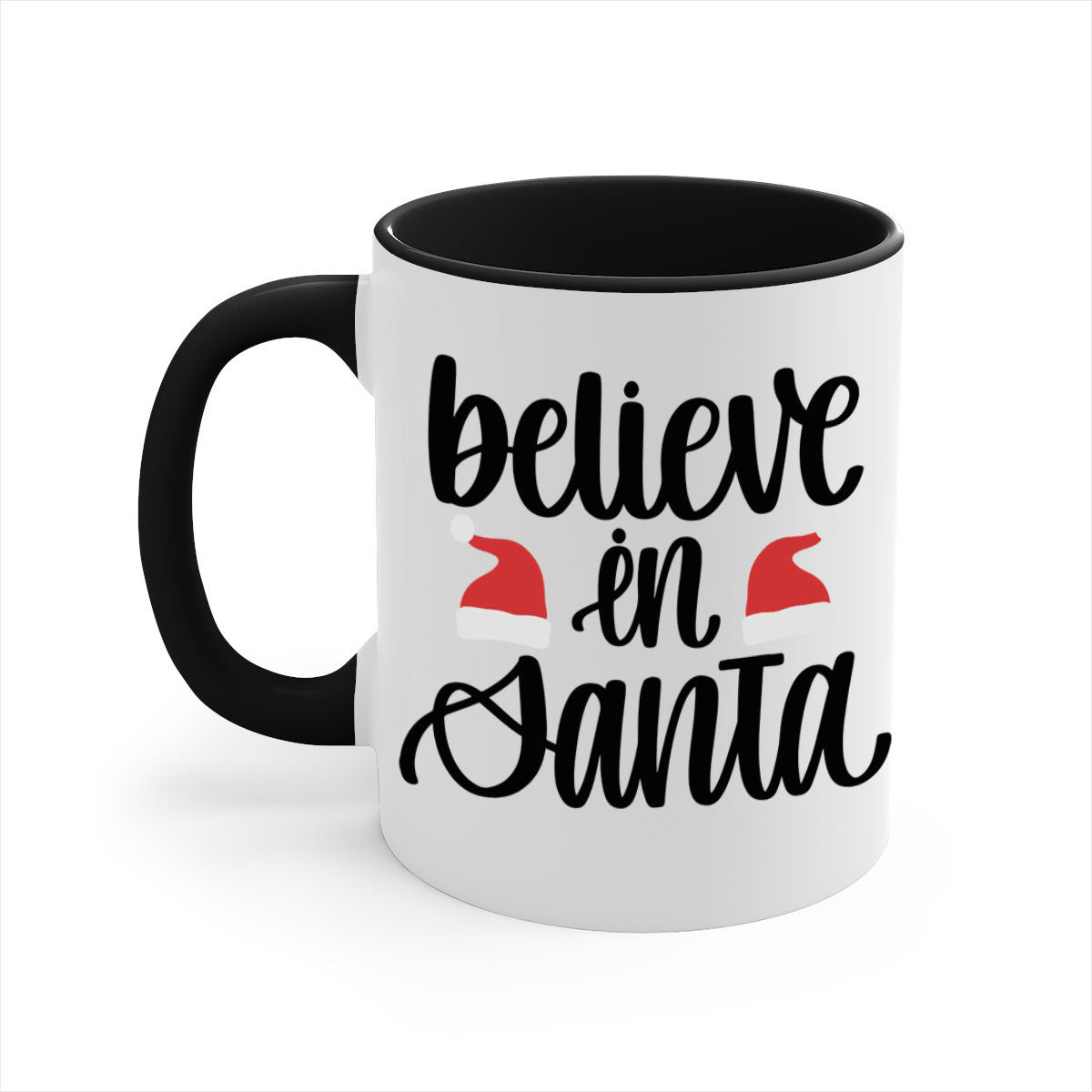 Believe in Santa 207# Christmas Mug with a glossy finish, featuring a colored handle and interior, available in multiple colors.