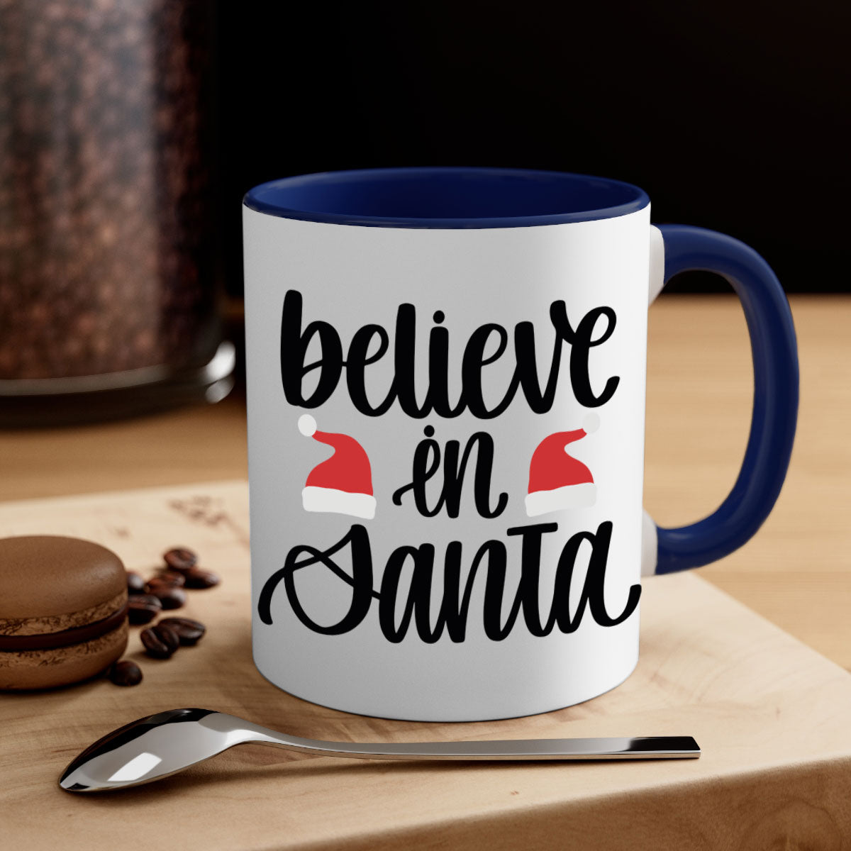 Believe in Santa 207# Christmas Mug with a glossy finish, featuring a colored handle and interior, available in multiple colors.