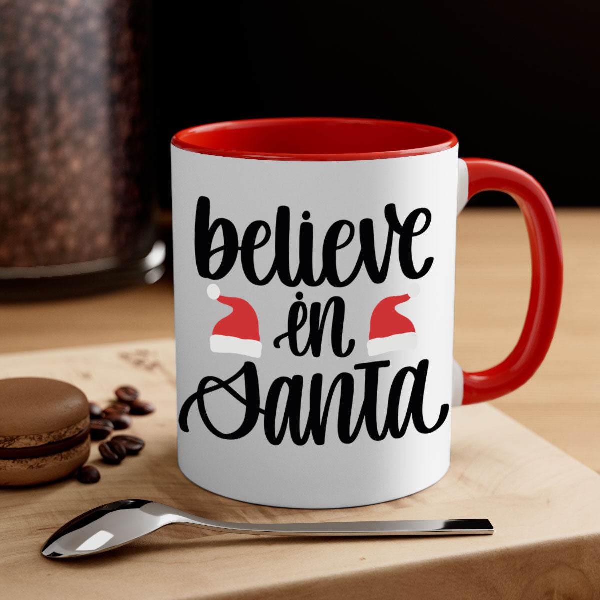 Believe in Santa 207# Christmas Mug with a glossy finish, featuring a colored handle and interior, available in multiple colors.