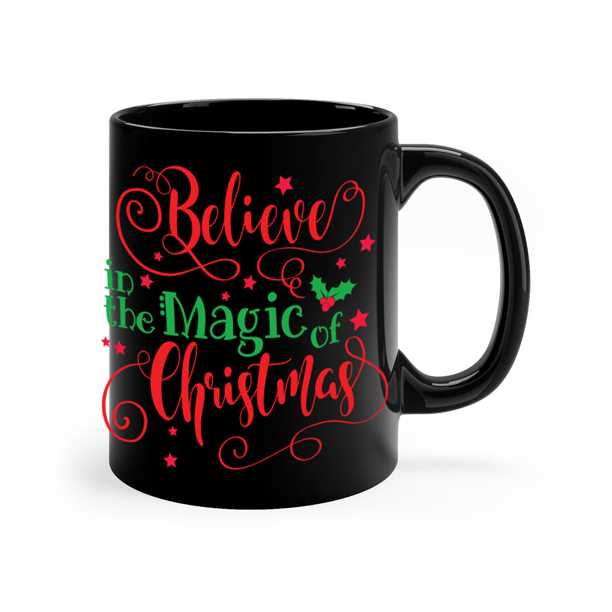 A festive two-tone Christmas mug with a colored handle and interior, featuring the phrase 'Believe in the Magic of Christmas'.