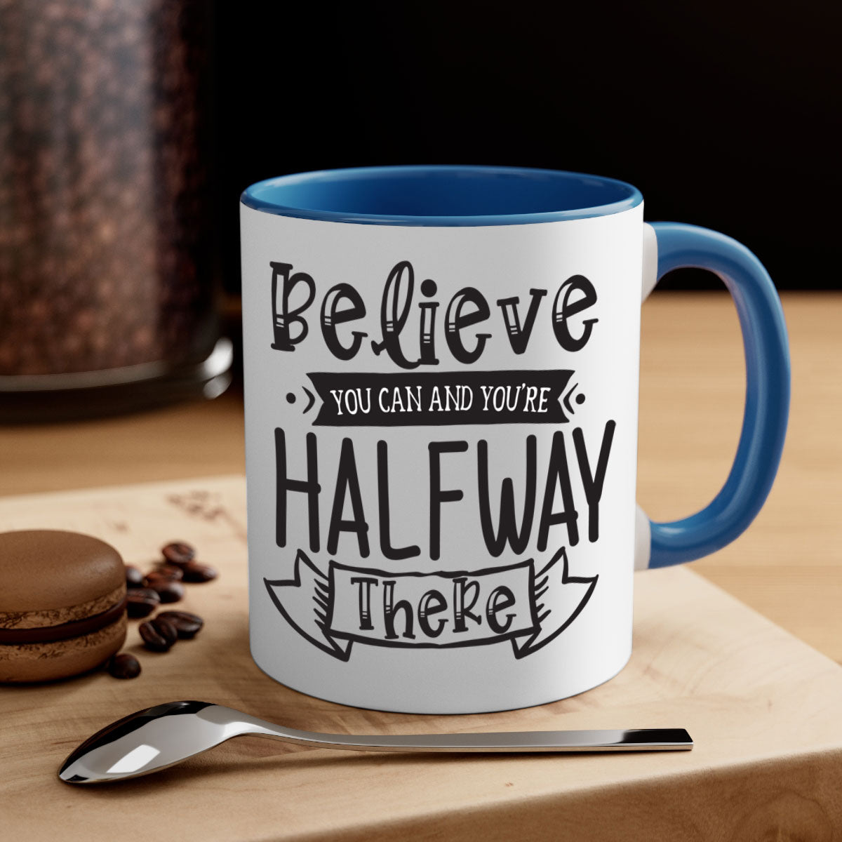 Believe You Can And You’re Halfway There mug with a two-tone design, featuring a colored handle and glossy finish.
