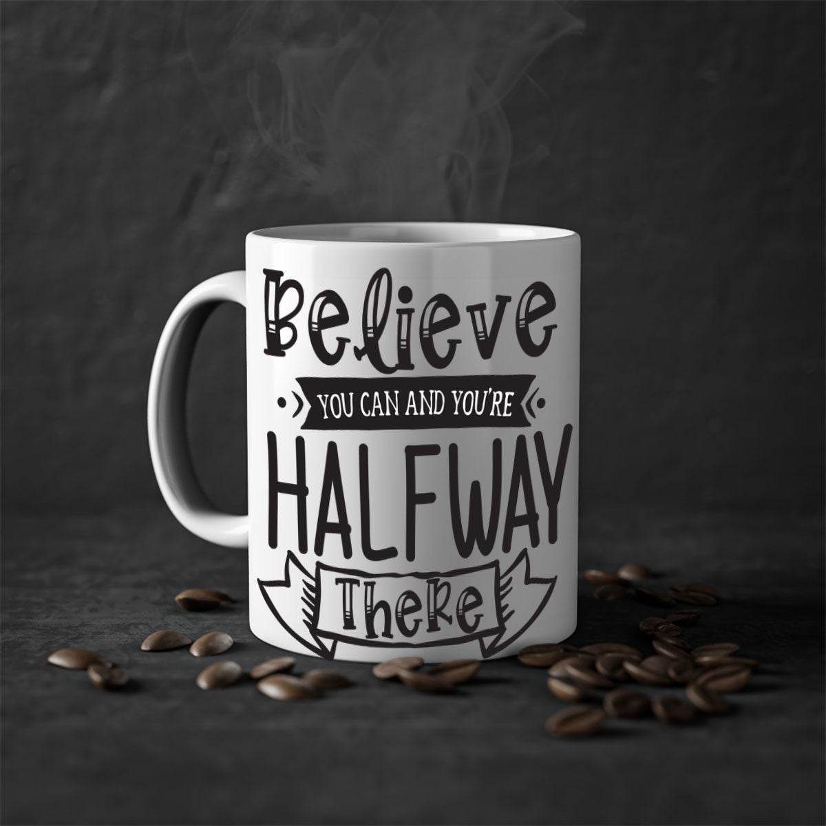 Believe You Can And You’re Halfway There mug with a two-tone design, featuring a colored handle and glossy finish.