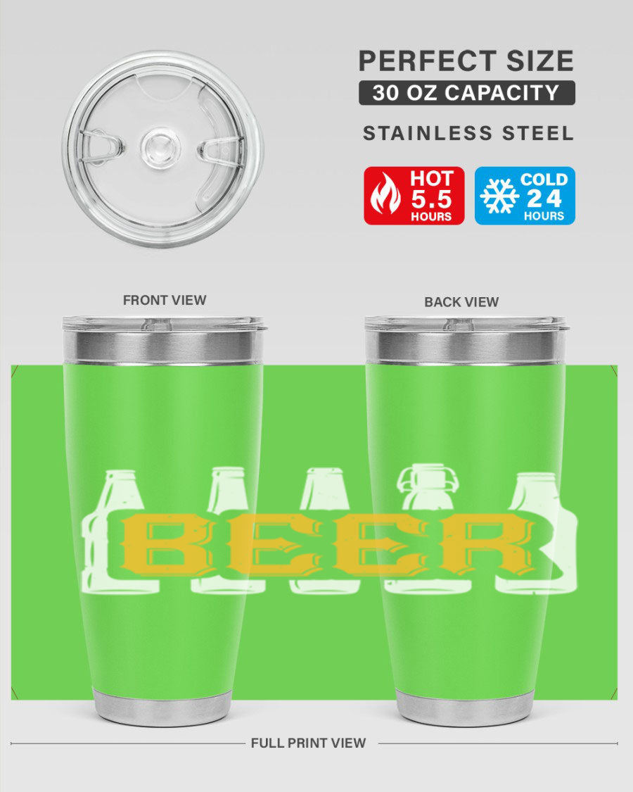 beerr 99# Tumbler in stainless steel with a drink-thru lid, showcasing its sleek design and double wall vacuum insulation.