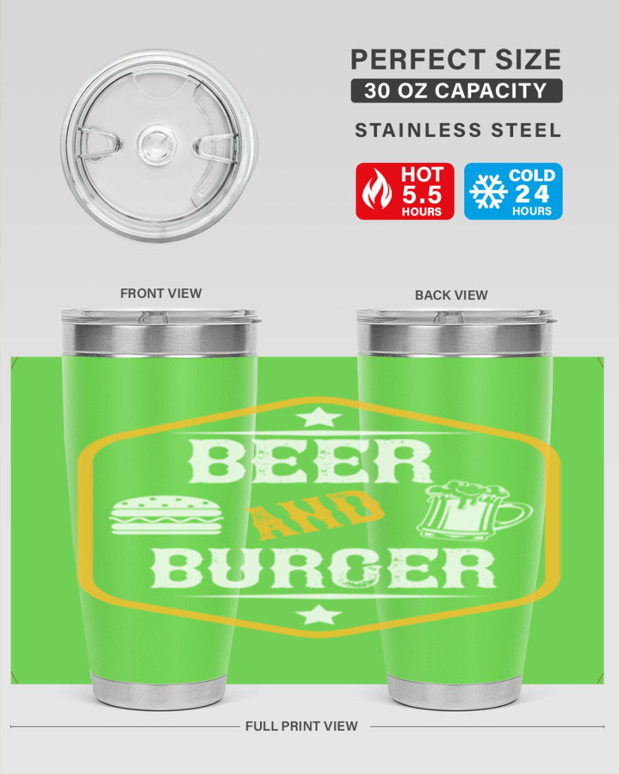 Beer and Burger 111# 20oz Tumbler made of stainless steel with a copper lining, featuring a drink-thru lid.