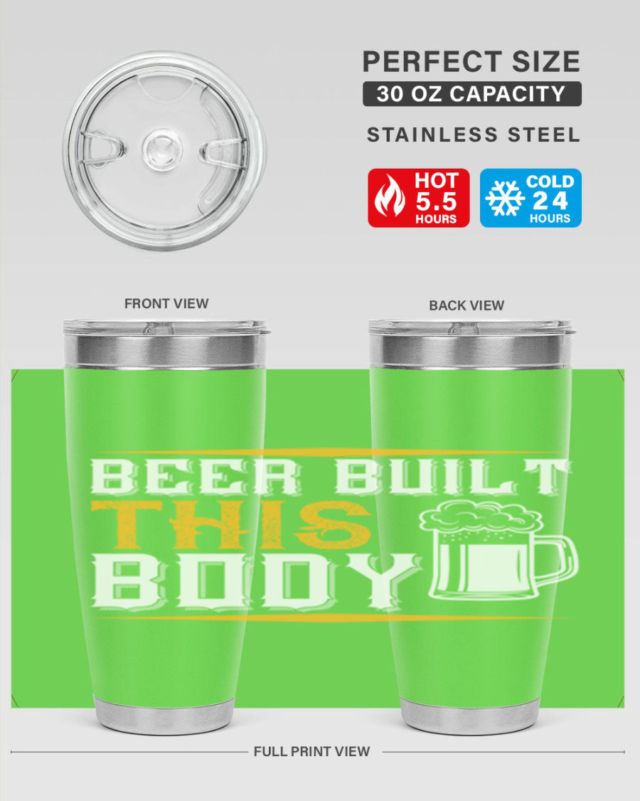 Beer Built This Body 110# Tumbler in stainless steel with a drink-thru lid, showcasing its sleek design and vibrant print.