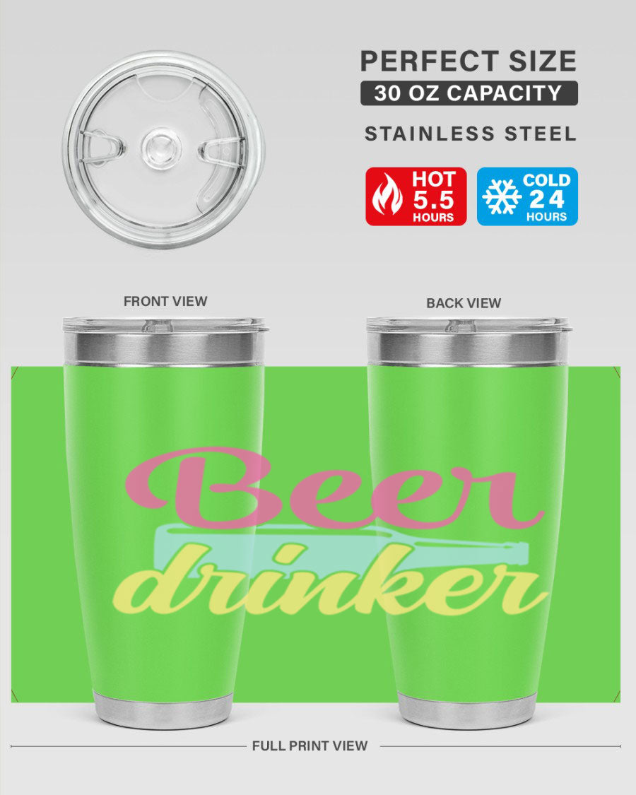 Beer Drinker 134# Tumbler in stainless steel with a drink-thru lid, showcasing its sleek design and double wall insulation.