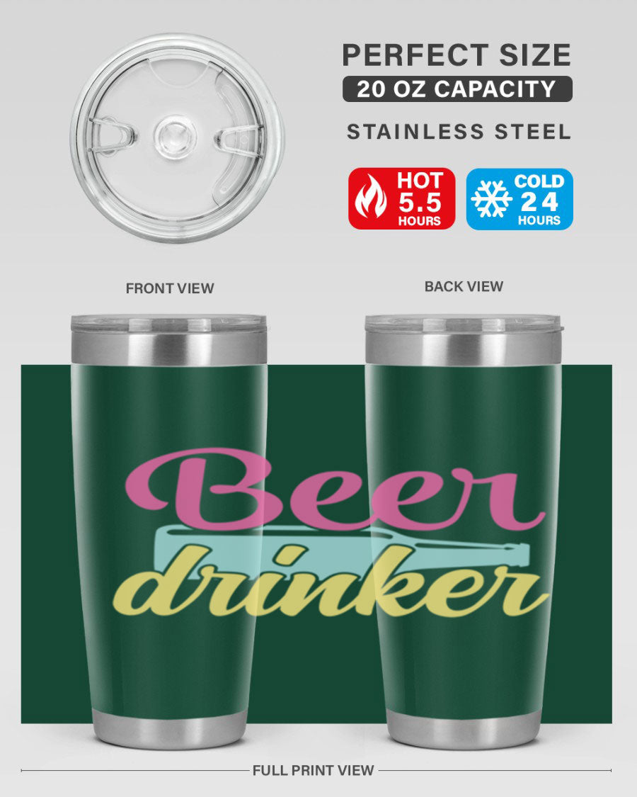 Beer Drinker 134# Tumbler in stainless steel with a drink-thru lid, showcasing its sleek design and double wall insulation.