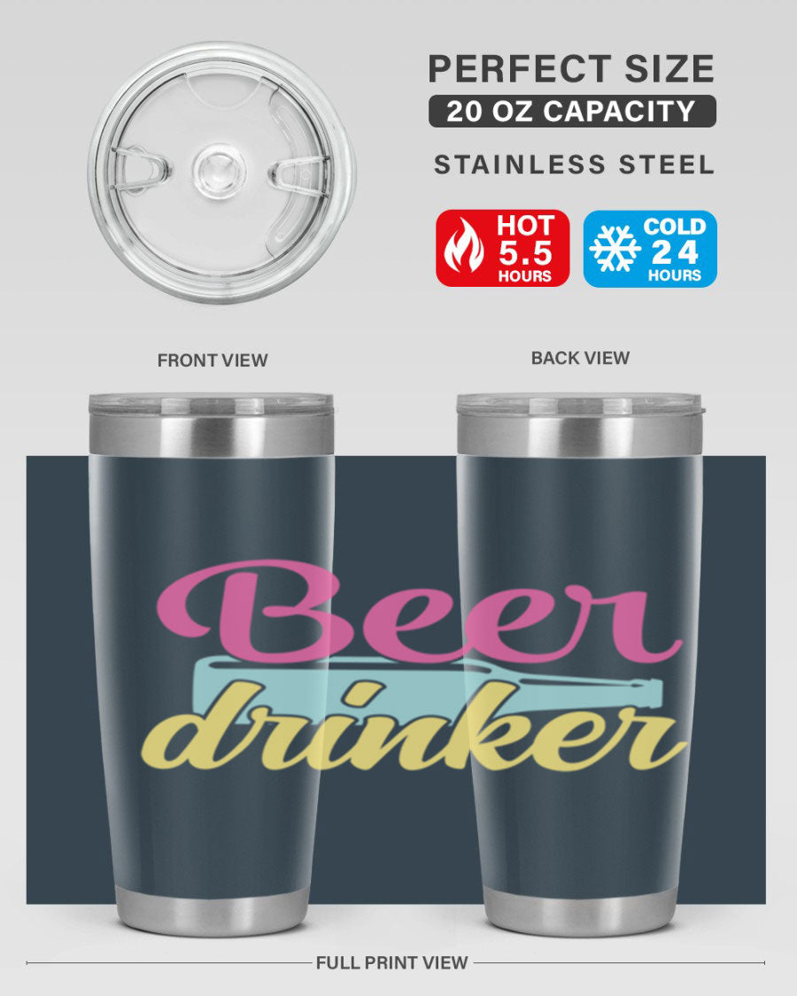 Beer Drinker 134# Tumbler in stainless steel with a drink-thru lid, showcasing its sleek design and double wall insulation.