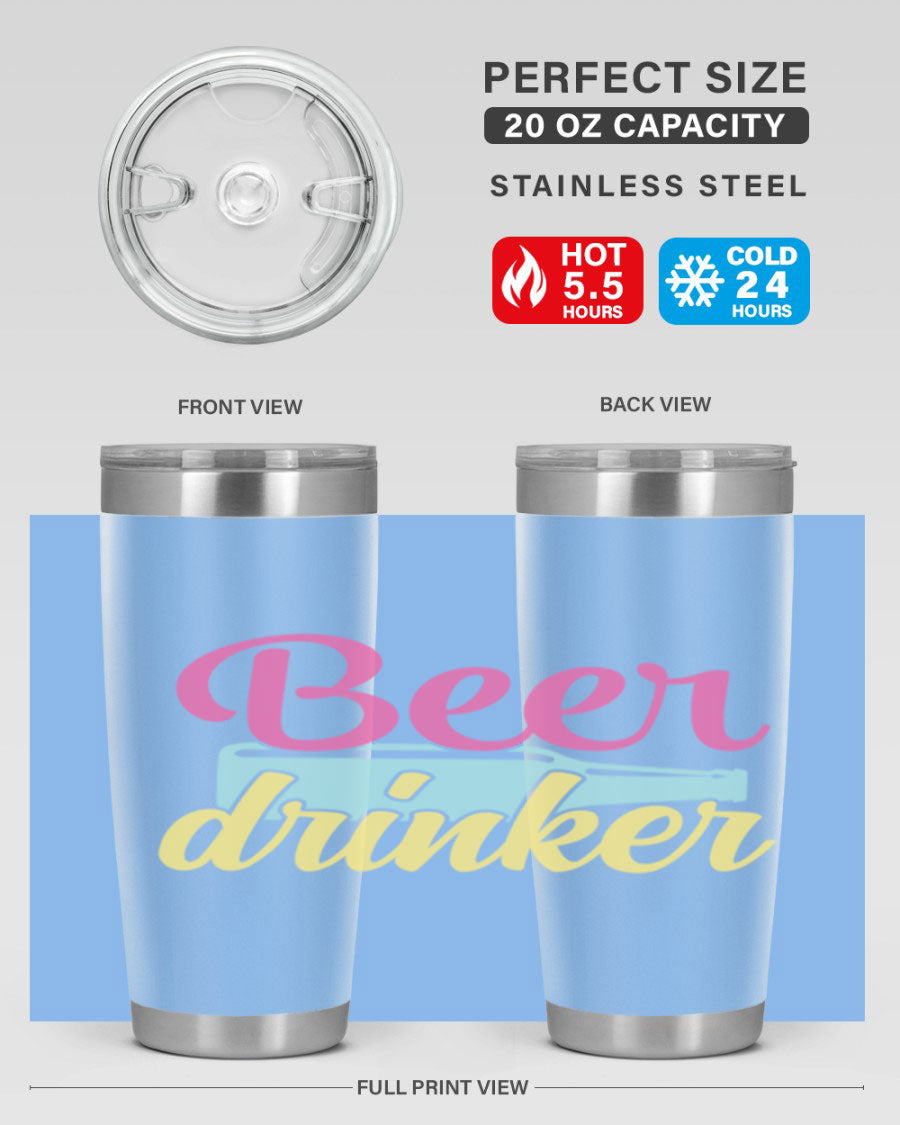 Beer Drinker 134# Tumbler in stainless steel with a drink-thru lid, showcasing its sleek design and double wall insulation.