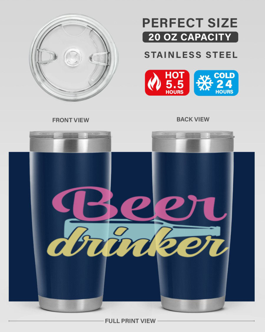 Beer Drinker 134# Tumbler in stainless steel with a drink-thru lid, showcasing its sleek design and double wall insulation.