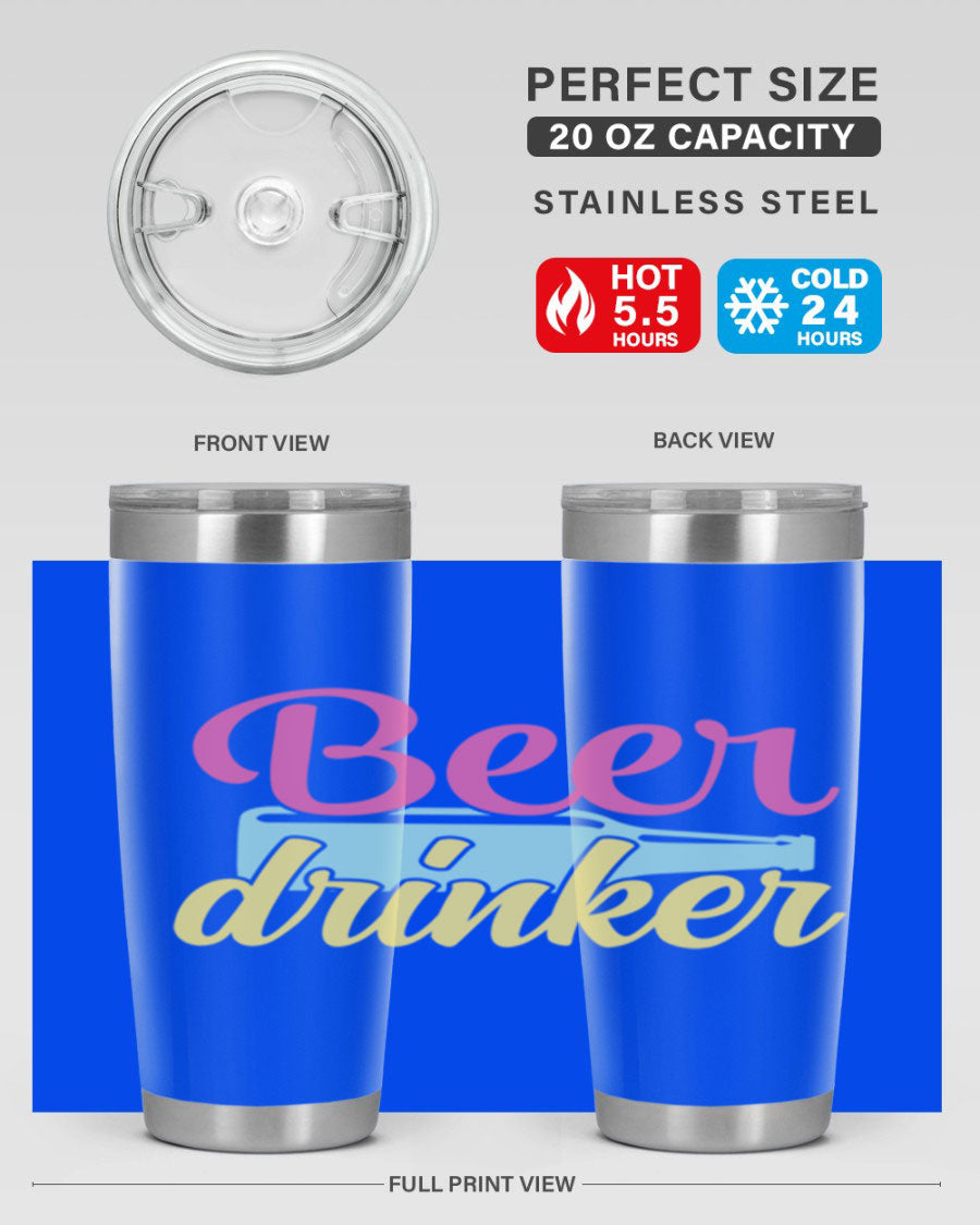 Beer Drinker 134# Tumbler in stainless steel with a drink-thru lid, showcasing its sleek design and double wall insulation.