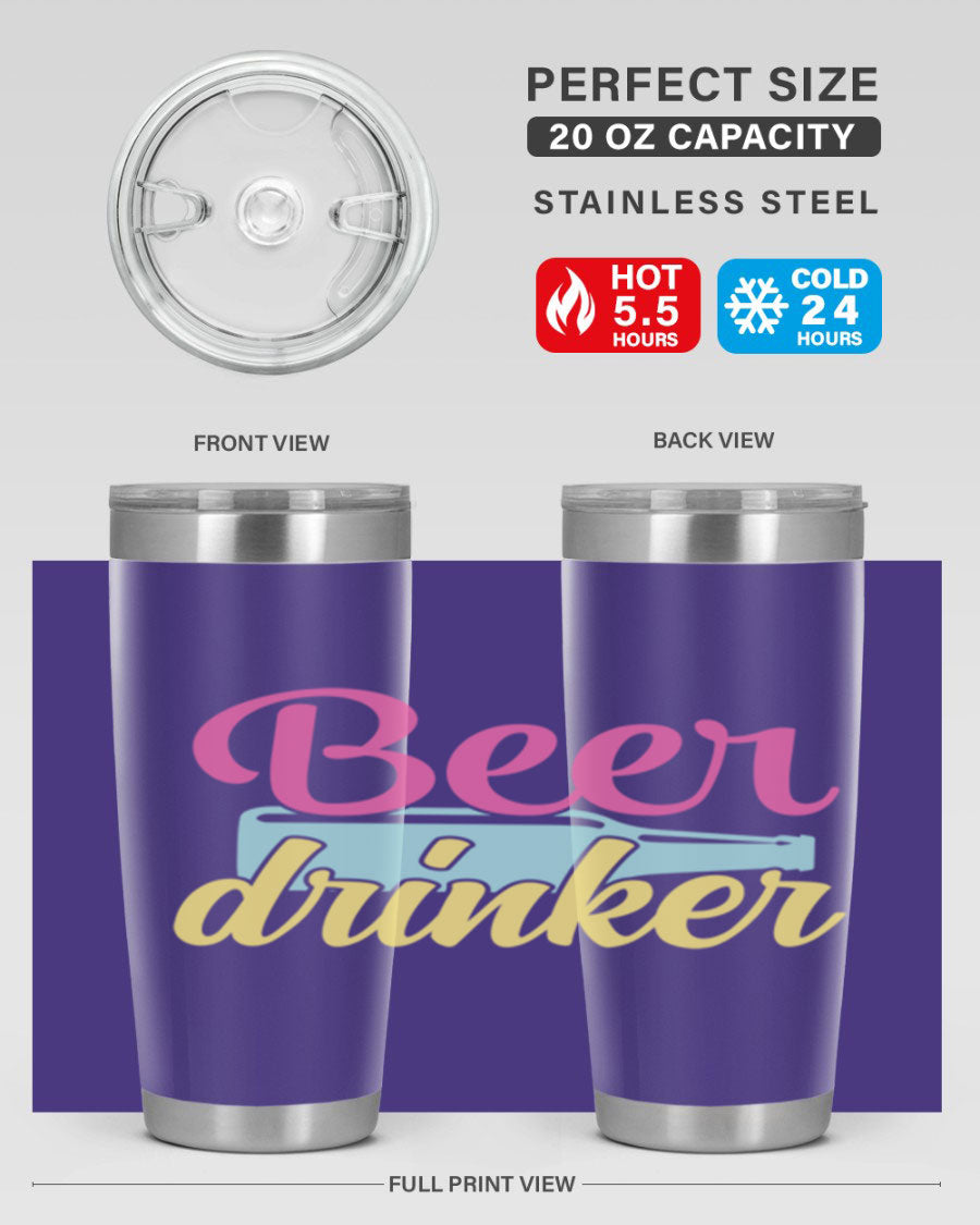 Beer Drinker 134# Tumbler in stainless steel with a drink-thru lid, showcasing its sleek design and double wall insulation.