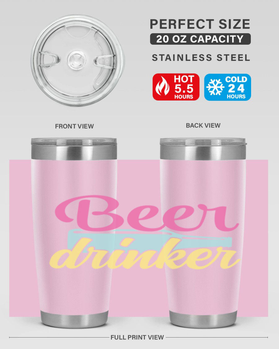 Beer Drinker 134# Tumbler in stainless steel with a drink-thru lid, showcasing its sleek design and double wall insulation.