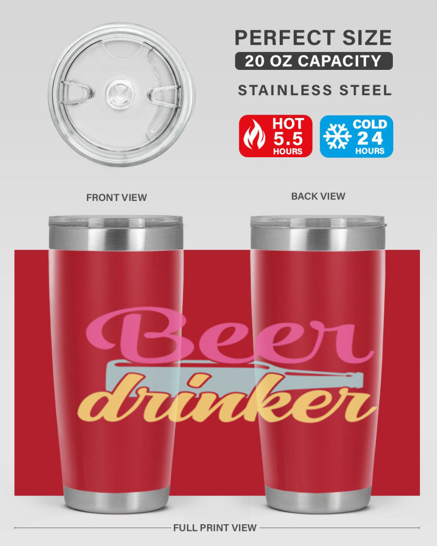 Beer Drinker 134# Tumbler in stainless steel with a drink-thru lid, showcasing its sleek design and double wall insulation.