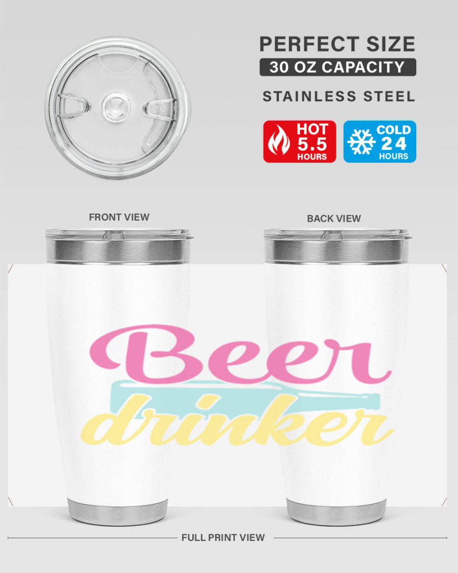 Beer Drinker 134# Tumbler in stainless steel with a drink-thru lid, showcasing its sleek design and double wall insulation.