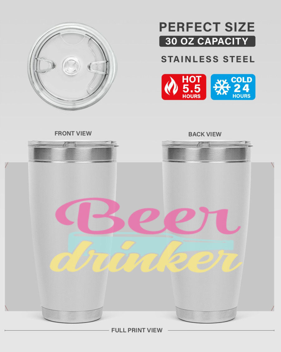 Beer Drinker 134# Tumbler in stainless steel with a drink-thru lid, showcasing its sleek design and double wall insulation.