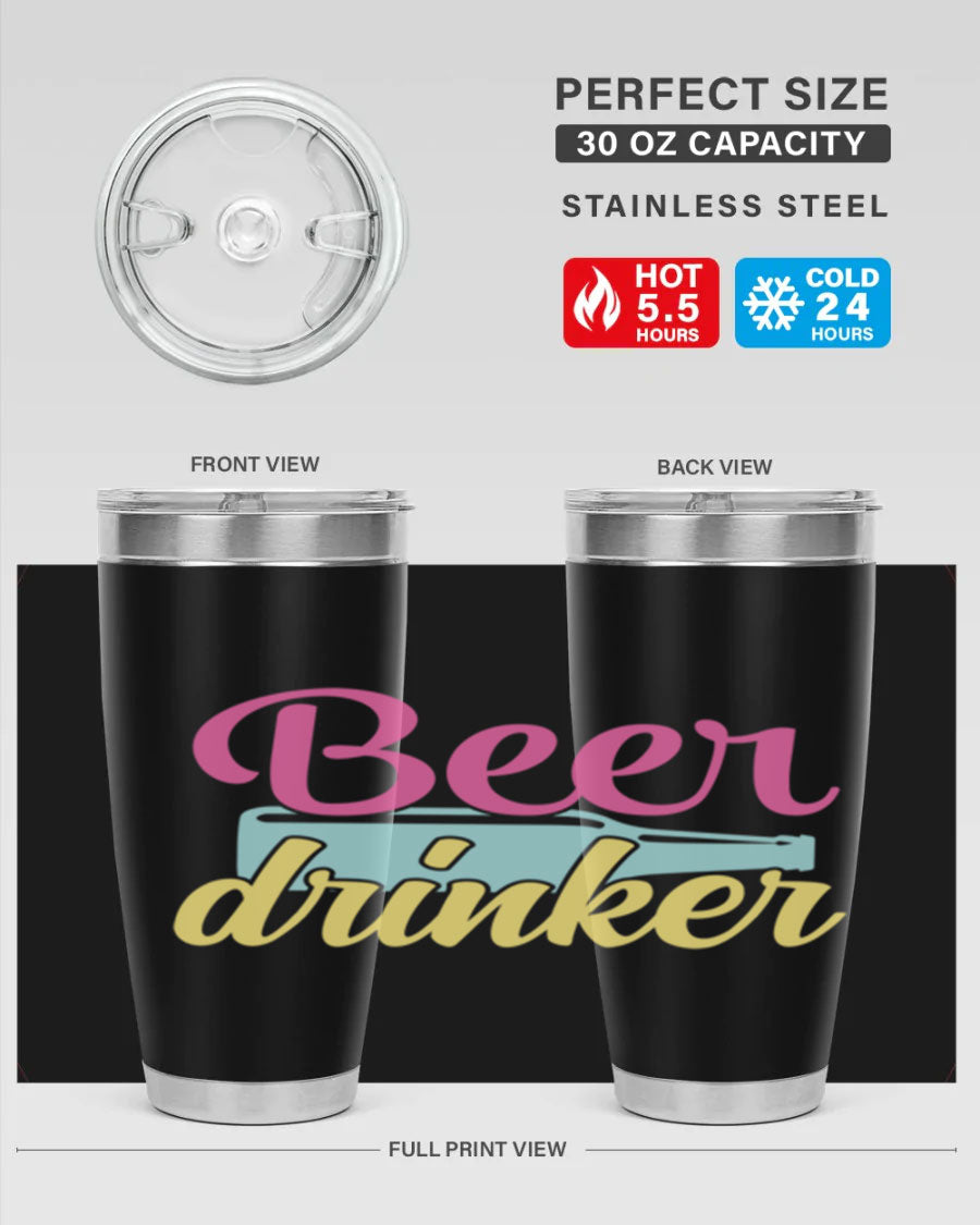 Beer Drinker 134# Tumbler in stainless steel with a drink-thru lid, showcasing its sleek design and double wall insulation.