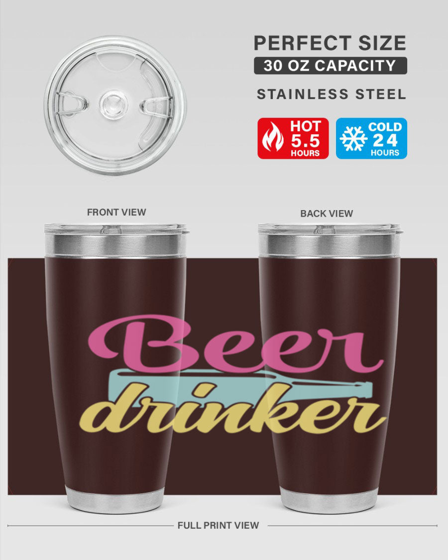 Beer Drinker 134# Tumbler in stainless steel with a drink-thru lid, showcasing its sleek design and double wall insulation.