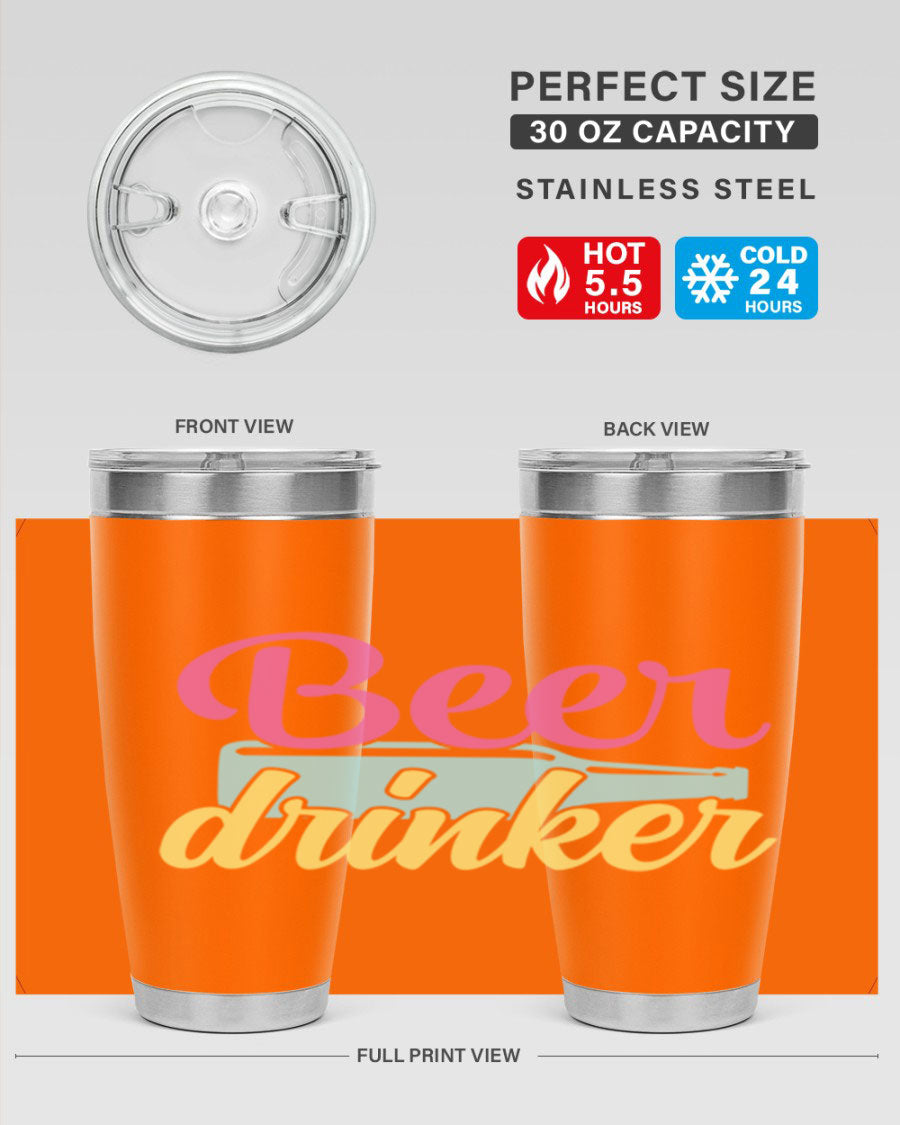 Beer Drinker 134# Tumbler in stainless steel with a drink-thru lid, showcasing its sleek design and double wall insulation.
