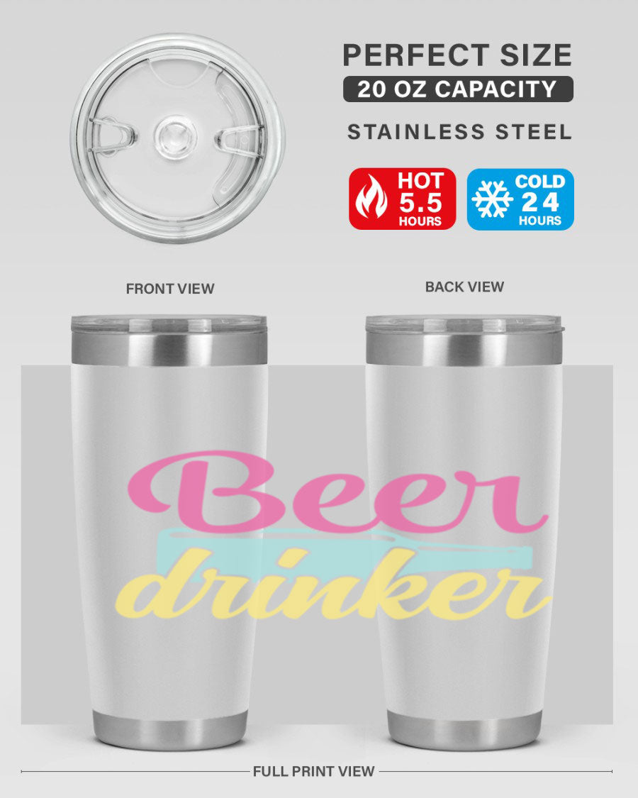 Beer Drinker 134# Tumbler in stainless steel with a drink-thru lid, showcasing its sleek design and double wall insulation.