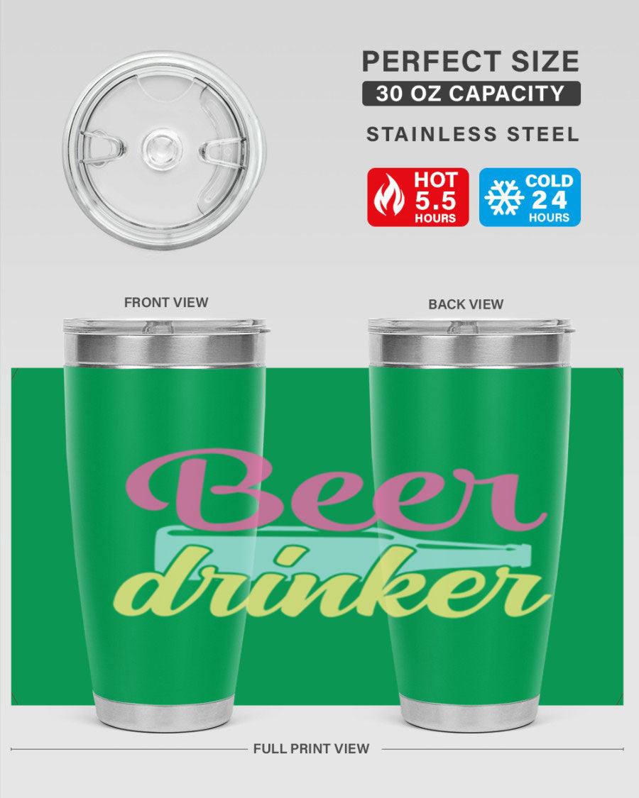 Beer Drinker 134# Tumbler in stainless steel with a drink-thru lid, showcasing its sleek design and double wall insulation.