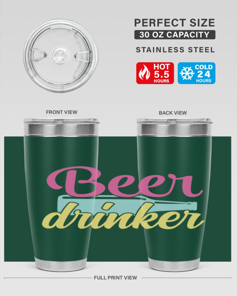 Beer Drinker 134# Tumbler in stainless steel with a drink-thru lid, showcasing its sleek design and double wall insulation.