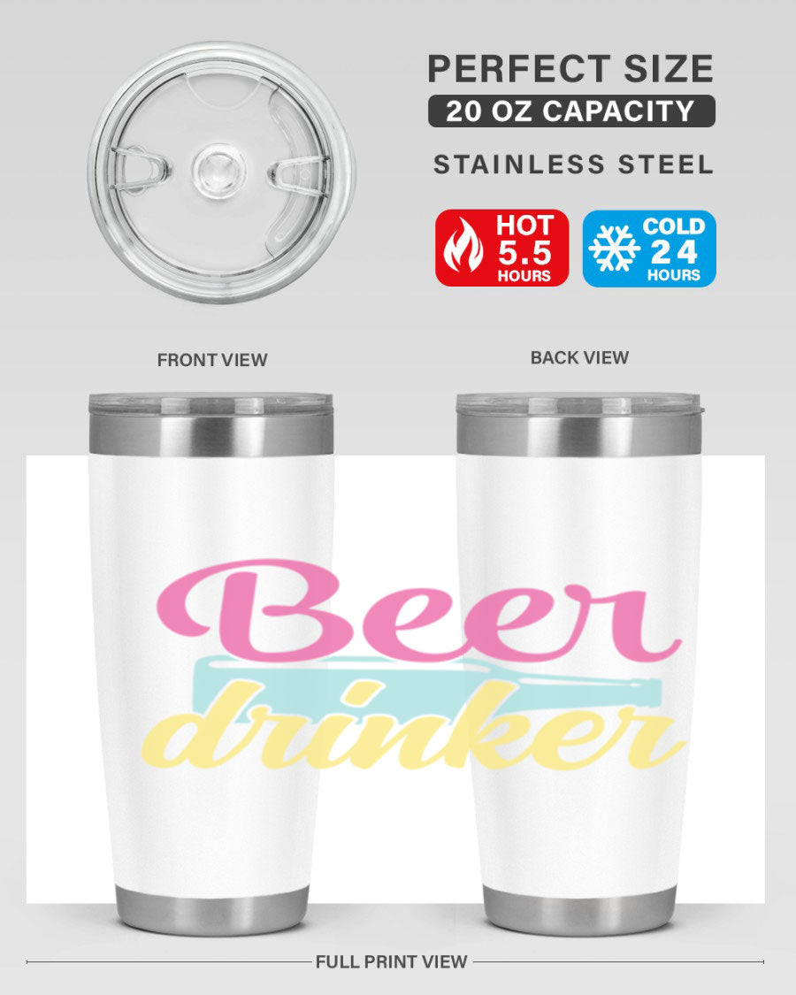 Beer Drinker 134# Tumbler in stainless steel with a drink-thru lid, showcasing its sleek design and double wall insulation.