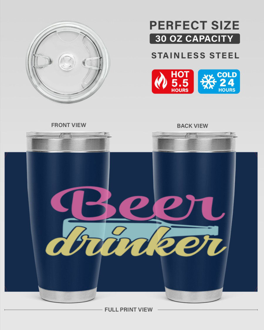 Beer Drinker 134# Tumbler in stainless steel with a drink-thru lid, showcasing its sleek design and double wall insulation.