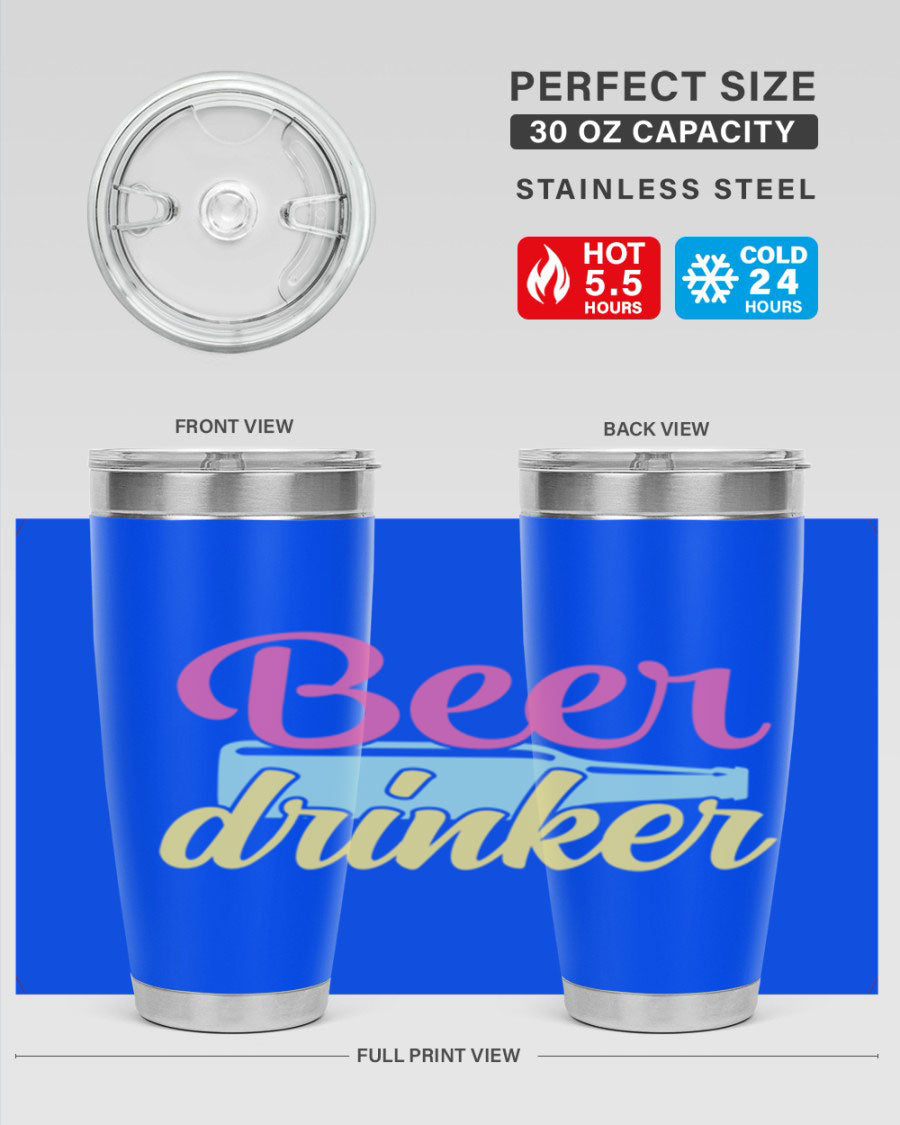 Beer Drinker 134# Tumbler in stainless steel with a drink-thru lid, showcasing its sleek design and double wall insulation.