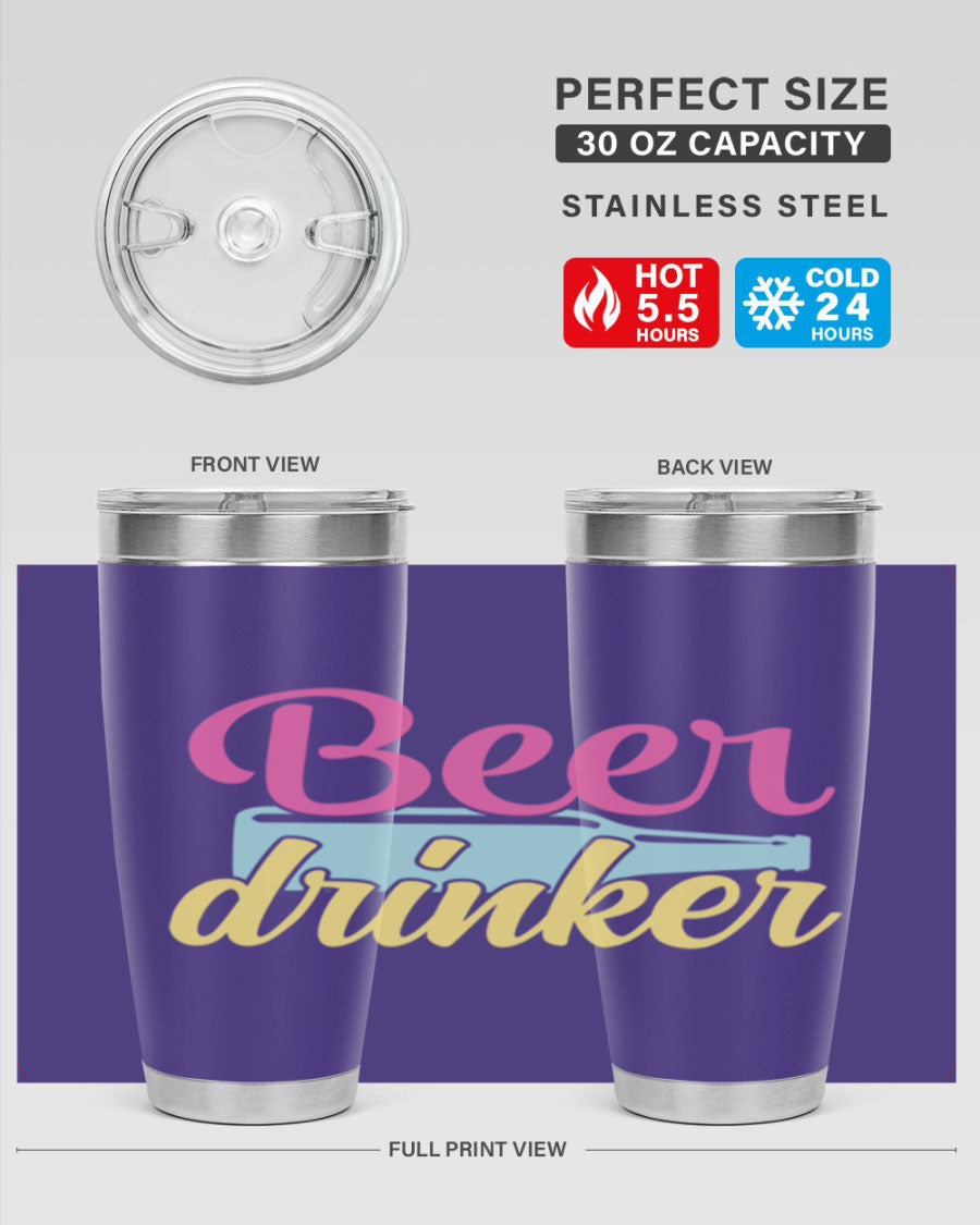 Beer Drinker 134# Tumbler in stainless steel with a drink-thru lid, showcasing its sleek design and double wall insulation.
