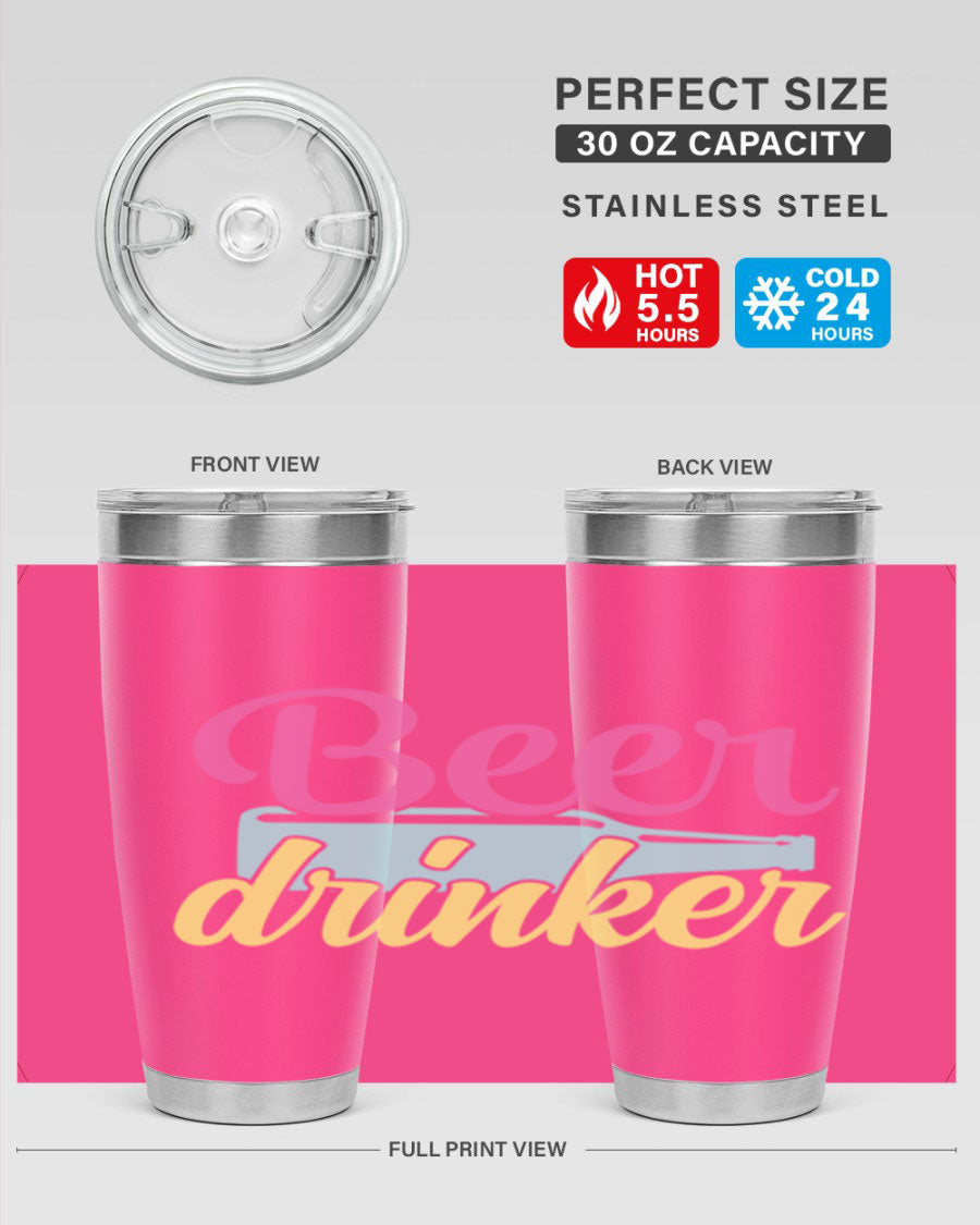 Beer Drinker 134# Tumbler in stainless steel with a drink-thru lid, showcasing its sleek design and double wall insulation.