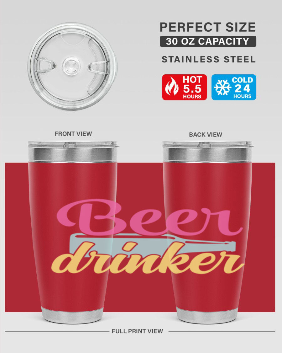 Beer Drinker 134# Tumbler in stainless steel with a drink-thru lid, showcasing its sleek design and double wall insulation.