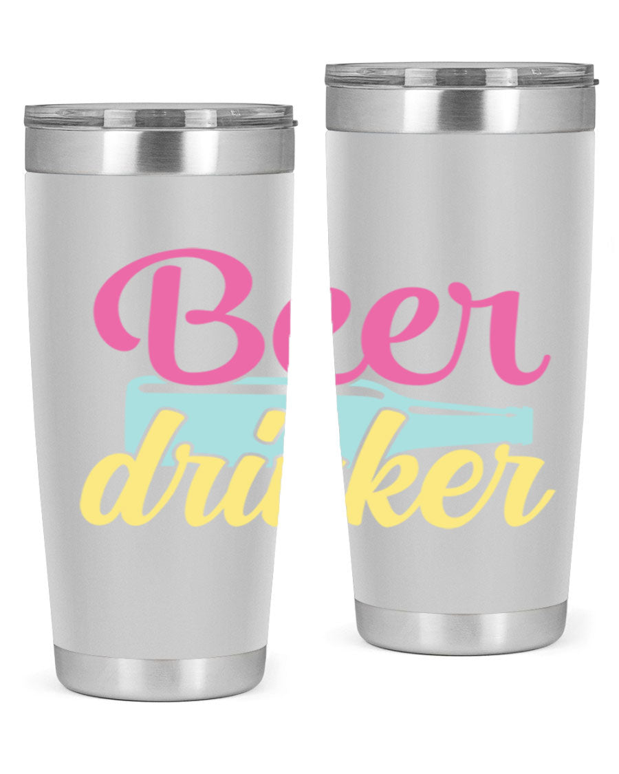 Beer Drinker 134# Tumbler in stainless steel with a drink-thru lid, showcasing its sleek design and double wall insulation.